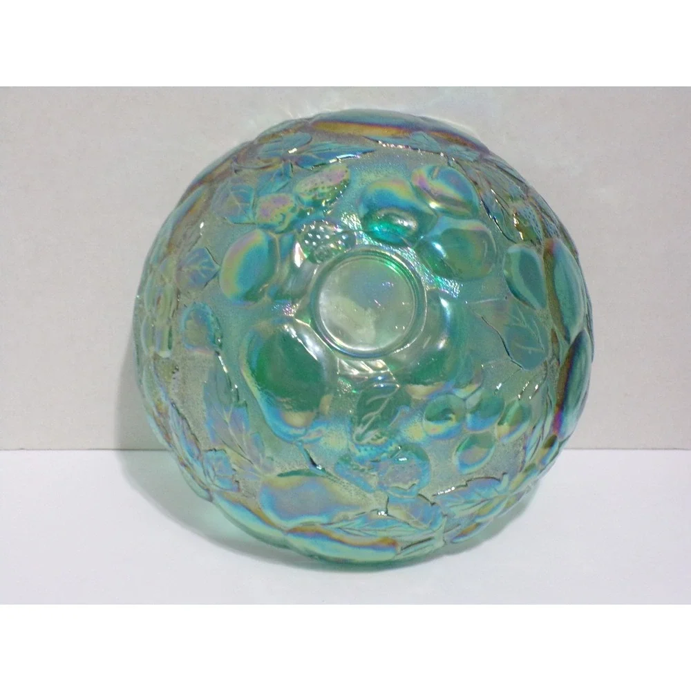 Vintage‎ Glass Fruit Bowl Iridescent Teal Green Scalloped Embossed 8 inch
